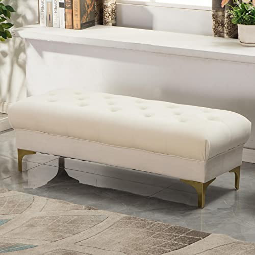 KAZUP Gepolsterte Aufbewahrungs-Ottomane-Bank mit goldenen Beinen, Bettbank für Schlafzimmer, Eingangsbereich, Waschtisch, Wohnzimmer, Samt-Aufbewahrungsbank im Eingangsbereich, Beige, 60 x 45 x 4