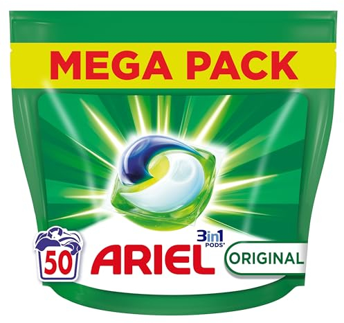 Ariel 3en1 PODS Lessive Liquide En Capsules 50 Lavages, Original, Élimine Les Taches Incrustées, Même Après 7 Jours, Impeccable Même En Cycle Court Et À Froid, Fabriqué En France