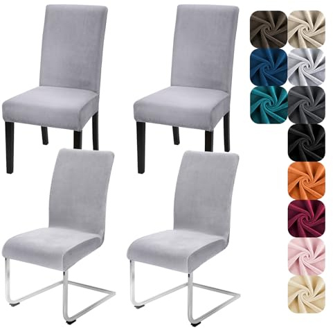Alishomtll Stretch Velvet Dining Chair Covers Set of 4 Silver Grey Kitchen | Velvet Chair Covers for Dining Chairs 4, Elastic Chair Slipcovers, Washable Chair Covers for Kitchen Hotel Banquet Ceremony