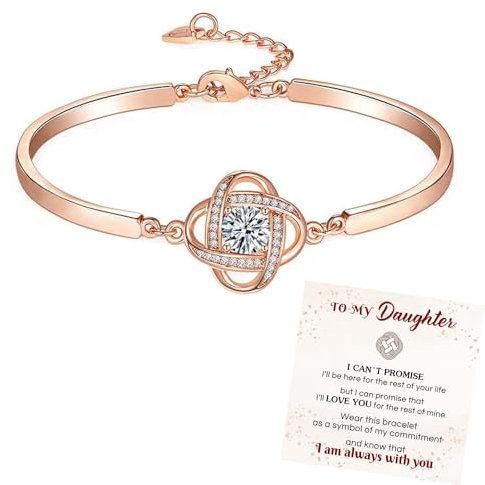 grupan For Daughter - I Am Always with You Diamond Knot Bracelet, 925 Sterling Silver Adjustable Bracelet, Four Leaf Clover Diamond Bracelet, Jewelry Presents for Women Girls (Rose Gold)