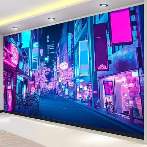 Generic 3D Mural Wallpaper Cyberpunk Style City Streets, Neon Lights Backdrop Wall Classic Interior Decor Wallpaper 300 x 210 cm (W x H)
