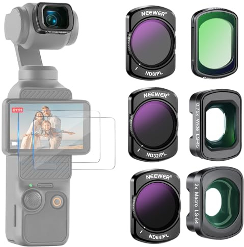 NEEWER Filtre de Diffusion Noir 1/4 ND8/PL ND32/PL ND64/PL CPL pour Effet Cinématographique Brumeux,0.75x Objectif Grand Angle,2X Objectif Macro, Compatible avec DJI Osmo Pocket 3/4/Xtra Muse, FL-B16