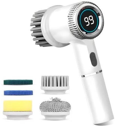 Cepillo de limpieza eléctrico con 3 velocidades, limpiador giratorio inalámbrico con pantalla LED, 5 cabezales de cepillo reemplazables, limpiador eléctrico impermeable para baño, cocina, suelo