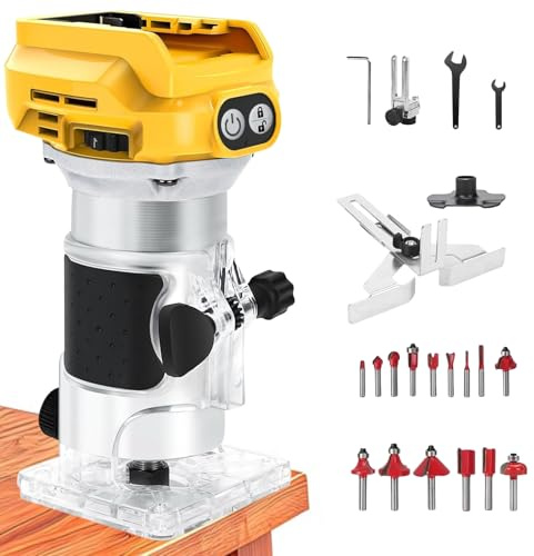 Kocusu 1 300 W överhandsfräs batteri med 20 V/18 V batteri, borstlös kantfräs 6 hastighet, trimmer enhandsfräs, sladdlös träfräs med 15 stycken 1/4 tum frässats för träbearbetning