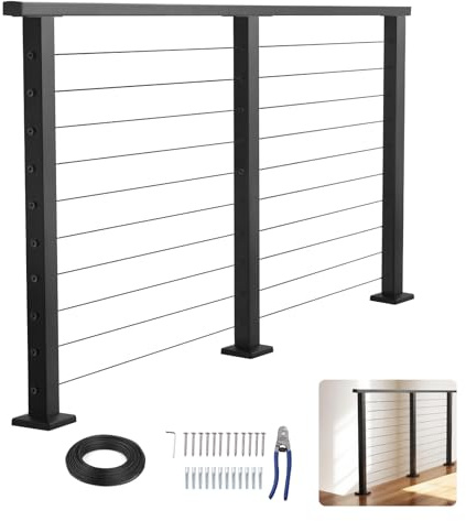 VEVOR Kit de Barandilla de Cable 1981 mm con Postes y Cables, Barandilla de Acero Inoxidable Negro Mate de Exterior Interior, Pasamanos Metálico, Soporte Robusto, para Porches, Terrazas, Balcones