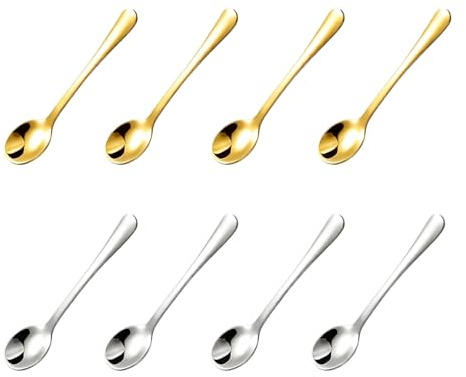 Espressolöffel Mini, kleine Löffel für Espresso und Gewürze, 4 Stück Silber und 4 Stück Gold, ideal für Küche, Büro und Reisen