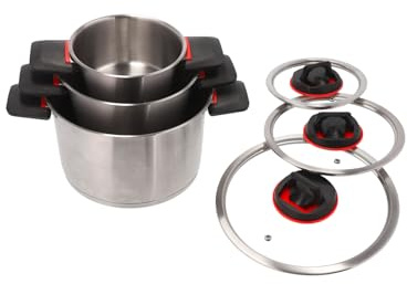 BERGER RedSilva Topfset Induktion 6-tlg. | Camping Kochgeschirr-Set aus Edelstahl | Kochtopf Set Outdoor mit Glasdeckel & klappbaren Griffen | Picknick Topf Geschirrset stapelbar