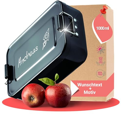 Elasto - Contenitore per il pranzo personalizzato con incisione senza BPA, 17 x 12 x 5 cm, in metallo, per bambini e adulti, ottimo regalo per la scuola, l'asilo e il lavoro (pacchetto nero)