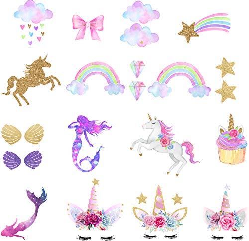 Einhorn Bügelbild Bügelbilder Regenbogen Bügelbilder Meerjungfrau Patches Umweltfreundliches Material 21 Stück für DIY Deko