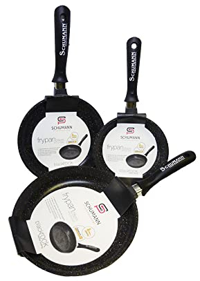 Lot de 3 Poêles en Pierre Schumann Professionel Black Rock I Compatibles Tous Feux Dont Induction I Fonte d'Aluminium Sans PFOA I Manches Fixes I Couvercle Non-Inclus I 20/24/28cm