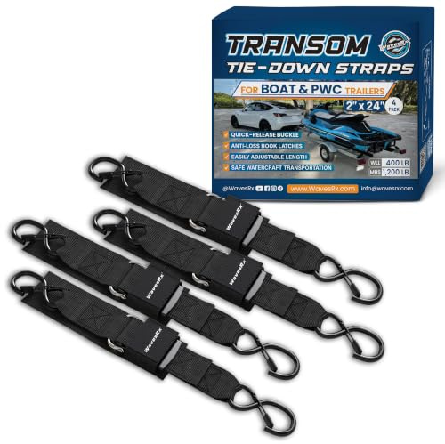 Jet Ski & PWC Boat Trailer Transom Straps (4PK) - 24 Tie Down Adjustable Boat Strap for Trailer - Outperforms Ratchet & Retractable Tie-Down Strap - Transom Tiedowns for Secure Transportation