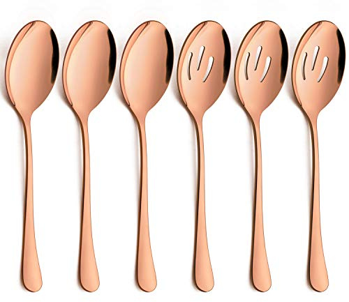 LIANYU 6-Piece Large Copper Serving Spoons, Stainless Steel Copper Slotted Spoons, Rose Gold Serving Utensils for Party Buffet Restaurant Banquet Dinner Catering, Dishwasher Safe, 9.8Inch