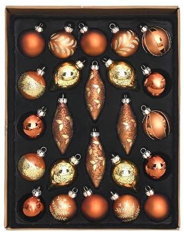 Valery Madelyn Weihnachtskugeln,24stück weihnachtskugeln Glas Weihnachtskugel mit Geschenkpaket, Weihnachtsbaumschmuck Christbaumschmuck mit Aufhänger,deko Weihnachten,Thema Bronze