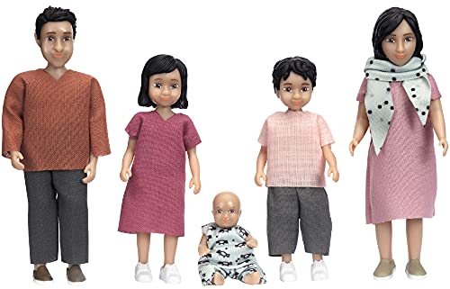 Lundby - Juego de Juguetes para de muñecas – Jamie Familia de 2 Adultos + 3 Niños para casa de muñecas - Accesorios para casa de muñecas, pequeñas muñecas étnicas de para niños de 3 años + 1:18