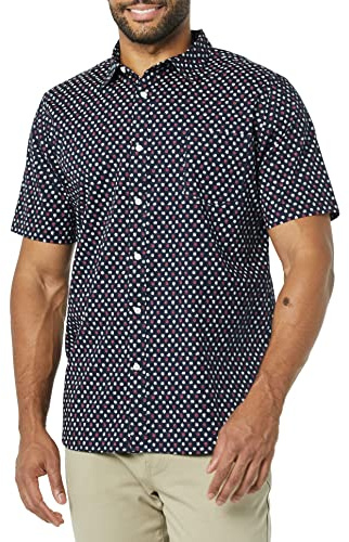 Amazon Essentials Men's Slim-Fit Short-Sleeve Poplin Shirt, Navy Roses, Large