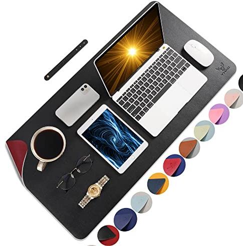 Yikda Schreibtischunterlage Leder, Mauspad, wasserdichte schreibunterlage tischunterlage Schreibtischmatte, PU-Leder doppelseitige Mousepad für Büro und Zuhause（Schwarz Rot 60 * 35cm）