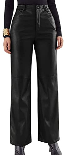 ORANDESIGNE Femme Pantalons en Simili Cuir Pantalon Droit Taille Haute Style Y2K Vintage Pantalon à Jambes Larges C Noir M