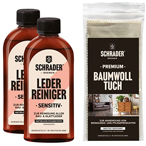 Schrader Lederreinigung Set - Reiniger und Poliertuch - für alle Lederarten - Ledermöbel & Lederkleidung - farbneutral - 3-teilig - Made in Germany