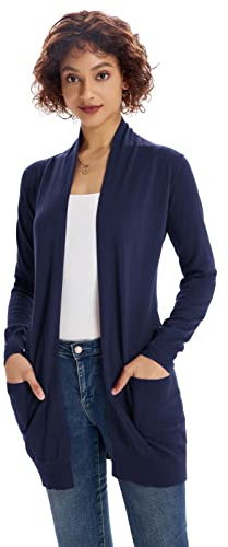 GRACE KARIN Damen Strickmantel Lang Sweater Langarm High Stretchy Casual Offene Strickjacke mit Taschen M Navy Blau