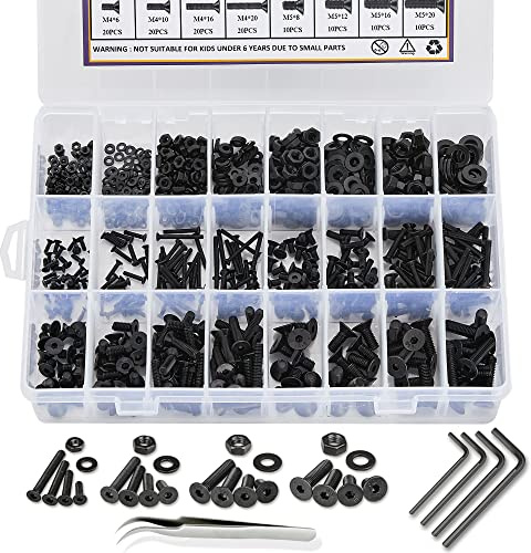 840PCS Metric M2 M3 M4 M5 Hex Socket Flat Head Screws Bolts Nuts Washers Assortment Kit with Storage Box, 10.9 Grade Alloy Steel Metric Thread Hexagon Allen Machine Bolt, DIN 7991 with 4 Hex Wrenches