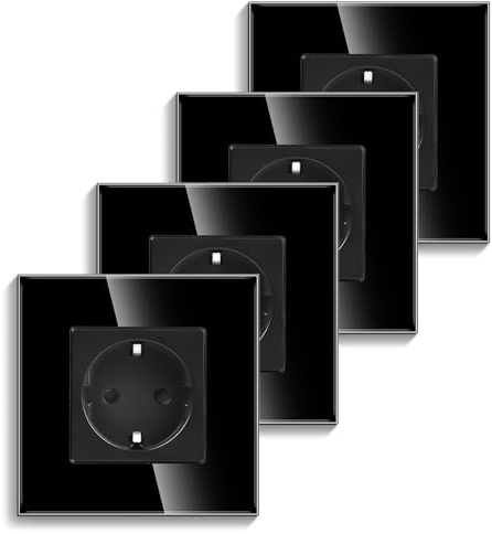 Pack de 4 CNBINGO Prise de courant encastrée en verre en noir - Simple prise Schuko avec sécurité enfant - Prise murale 16 A avec protection par prise de terre et cadre en verre