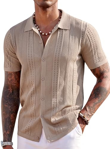 COOFANDY Mens Beach Button Up Shirt Short Sleeve Knit Shirt Summer Vacation | Fashion Hollow Out Design, Lightweight Breathability, Casual Party Top