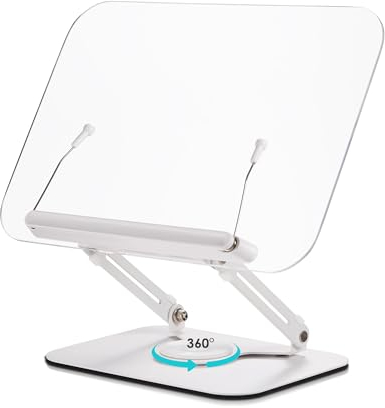 Viozon Buchständer, Buchhalter, Höhenverstellbar, 360° drehbare Basis, Klappbar und Tragbar, Klares Acryl, Metall, Kochbuchhalter, Leseständer, fur Kinder, Kindle, Tablet, Laptop ständer, DE-R22