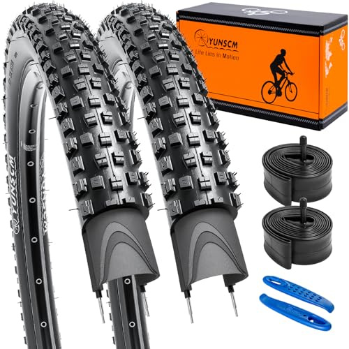 YunSCM 2 Pcs 60TPI Foldable 26 inch Bike Tyres 26x2.35 Tires 60-559 and 26 Bike Tubes AV Schrader Valve Compatible with 26x2.25 26x2.30 26x2.35 26x2.40 MTB Bike Tires and Tubes| Nylon Anti-puncture