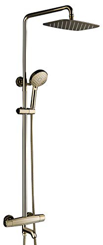 10-Zoll-Duschsystem, goldenes Thermostat-Duscharmatur-Set, Messing-Wand-Duschkombinationsset, Doppelgriff-Mischer-Dusche mit 3-Modus-Handbrause, rechteckigem Duschkopf, Badewanne