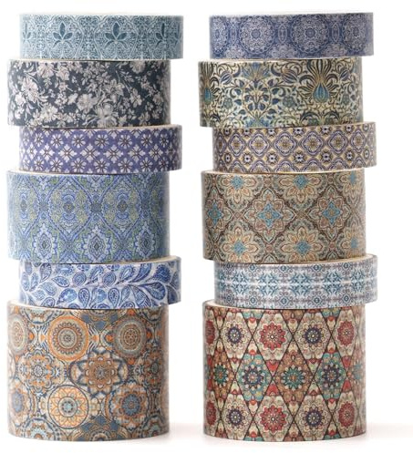 KAVI' S 12 Rollen Washi Tape Set Klebeband Papier Dekorativ Masking Tape Klebeband Bunt für Scrapbooking Handwerk Handwerk (Azure Serenity)