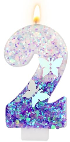 Geburtstag Zahlen Kerzen, 7,3 cm Schmetterling Kerze Geburtstag Lila Glitzer-Zahlenkerzen Lila Kuchendekoration Happy Birthday Niedliche Zahlenkerzen für Feiern (Zahl 2)