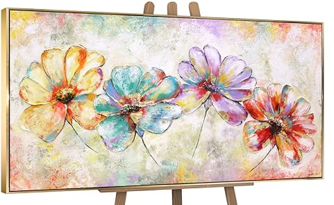 YS-Art Acryl Gemälde auf Leinwand handgemalt schöne Blumen Leinwandbild Abstrakt bunte Farben Wanddeko Wohnzimmer modern Wohndekor Büro Kunst mit Rahmen 120x60 cm
