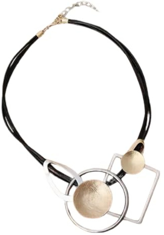 Graci8 Women’s Geometric Statement Necklace - Mixed Metal Silver & Gold Pendant on Triple Strand Wax Cord.