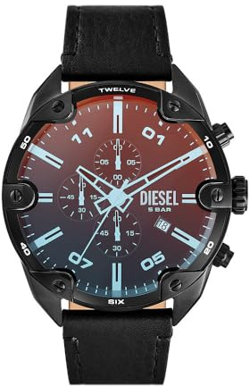 Diesel Spiked watch for men, Chronograph Movement with Silicone, Stainless steel or Leather strap, Svart och spektrum, 49MM