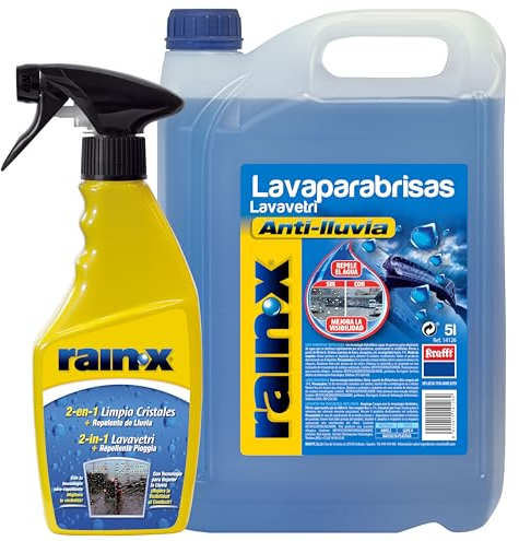 Rain-X Pack Limpiaparabrisas y Tratamiento Antilluvia – Mejora la Visibilidad, Protege de la Lluvia y Evita Rayas – 5 L de Líquido Lavaparabrisas y 500 ml de Limpiacristales
