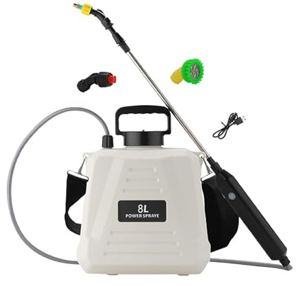 Fonowx PULVERIZADOR Eléctrico, Pulverizador de Riego Versátil con Correa para El Hombro, Pulverizador de Niebla, Varitas Retráctiles, Pulverizador de Jardín, 8L Blanco