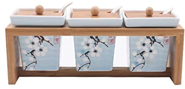 GERRIT Sucrier, sucrier en Fleur de Prunier avec Couvercle et cuillère, Pot à Sucre en céramique, Pot à Sucre, Pot à épices, Rangement de décoration de Cuisine, Bleu Clair, Ensemble de 4