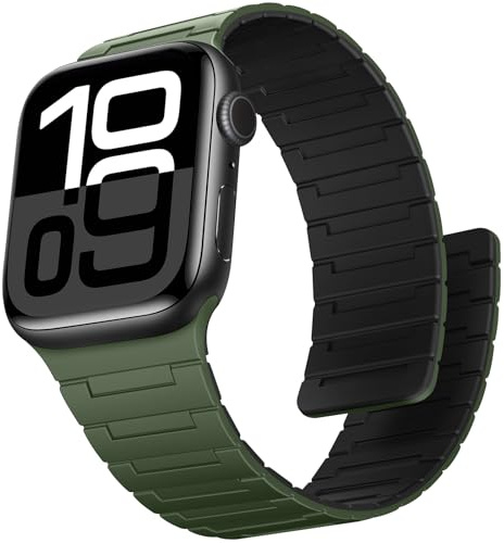 Suphart Compatible avec Bracelet Apple Watch 49/46/45/44/42/41/40/38mm, Bracelet Silicone Magnétique Puissants pour iWatch Ultra SE Série 10 9 8 7 6 5 4 (42/41/40/38, Vert-Noir)