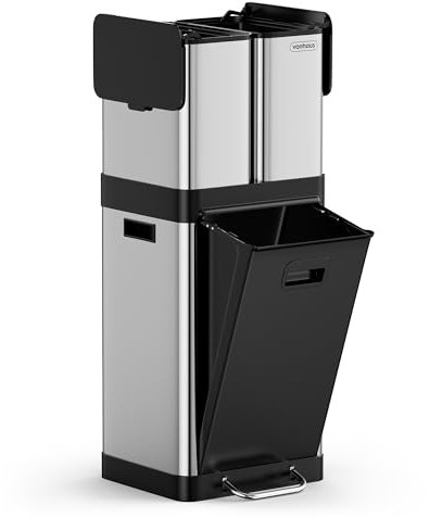 VonHaus Kitchen Triple Bin, 32L Vertical Recycling Bin, Stainless Steel Three Section Food Waste Separation System, 1 x 20L Main Compartment & 2 Removable 6L Counter Top Caddies, Narrow Trash Can