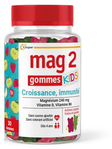 MAG 2 - Gommes kids – Magnésium, vitamine B6 et vitamine D - Croissance et Immunité - Sans sucres ajoutés - Complément alimentaire - 30 gommes
