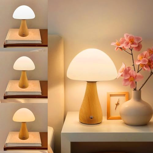 ZSLAIFU Mushroom Lamp, Dimmable Mushroom Table Lamp, Portable Wireless Small Lamp, Rechargeable Battery Light, Stepless Dimming, Birthday Gift Night Lights (Light Wood Grain)