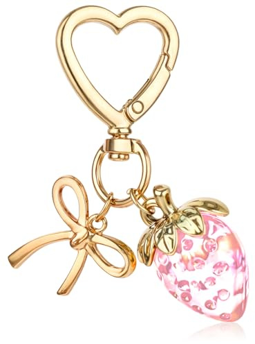 Apausvcm Strawberry Keychain, Cute Strawberry Bag Charms for Women Girls Bow Heart Key chains Strawberry Themed Charm Accessories for Handbags Bag Purse Wallet Cellphone Car (Pink)