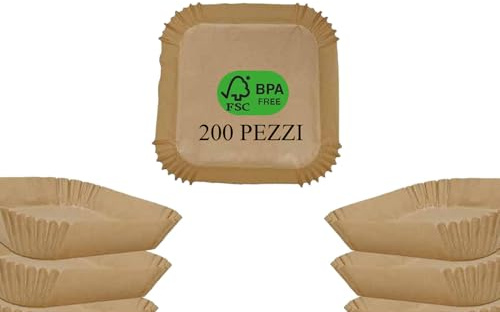 200 Pezzi Carta Forno per Friggitrice ad Aria-Dimensioni 16x4,5 cm, Food-Grade e BPA Free-Antiaderente, Resistente al Calore (QUADRATA 20X20X4,5)