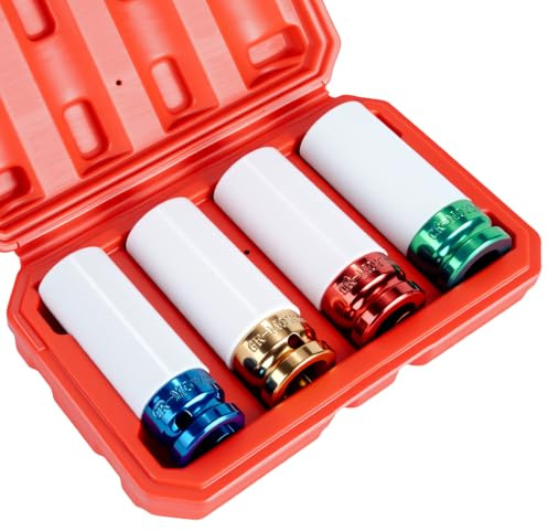 1/2 Drive Wheel Protector Impact Socket, Non-Marring Lug Nut Thin Wall Deep Socket Set, CR-MO, 6 Point, Color-Coded Protective Socket | Metric 17 19 21 22 mm (4 PCS)
