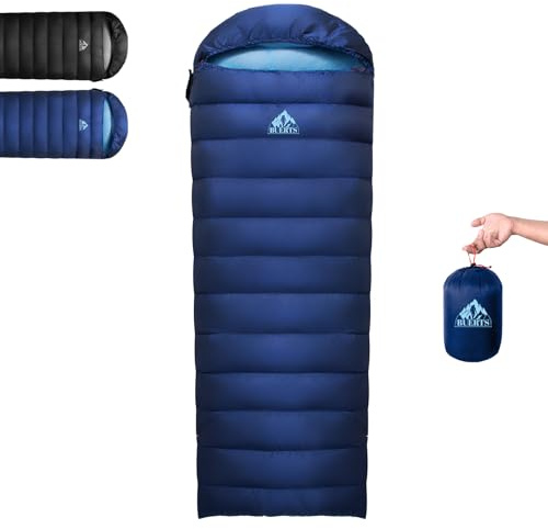 BUERTS Ultralight Down Sleeping Bag,Lightweight Portable 3-4 Season Single Sleeping Bag for Adults Hiking,Car Camping,Backpacking&Festival Use-680FP Down. (Blue 15℃ to 7℃)