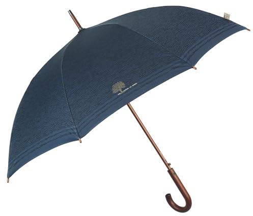 PERLETTI GREEN Promenadparaply för Dam med Automatisk Uppfällning - Naturligt Trähandtag - Oförstörbart Vindtätt Långt Ekologiskt Paraply Dam Stark och Vattentätt - Diameter 102 cm (Mörkblå)