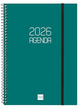 Finocam - Agenda Espiral 2026 Semana Vista Horizontal | Enero - Diciembre (12 meses) | Agenda Anual 2026 con goma | Tapa de polipropileno Espiral Opaque - Verde - Español