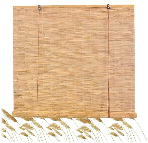 Bambusrollo Wetterfest Aussen Mit Lifter Bambus Rollo Ohne Bohren Balkon Retro Schilf Vorhang Sonnenschutz Sichtschutz 80 90 100 120 140cm Breit Fenster Raffrollos for Außen/Innen/Terrasse/Garten(Beig
