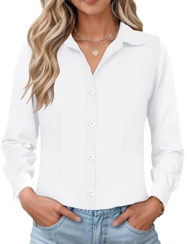 IECCP Womens Long Sleeve Dress Shirt Slim Fitted Formal Button Down Shirts Stretch Wrinkle Free Blouse Work Executive Office Casual Ladies Tops 2026(White,M)