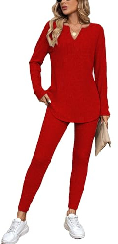 JENJON Femme Ensemble Deux Pièces Leggings à Manches Longues Tricot Côtelé Survêtement Col en V Tenue de Loisirs Sport Automne Hiver